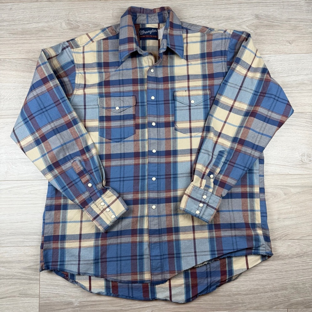 Wrangler Western Pearl Snap Shirt Mens‎ XL Blue Plaid X-Long Tails 17.5-36